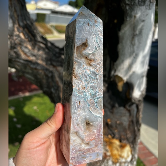 Rare Pink Moss Agate Tower With Druzy Pockets and Quartz - Picture 5 of 7